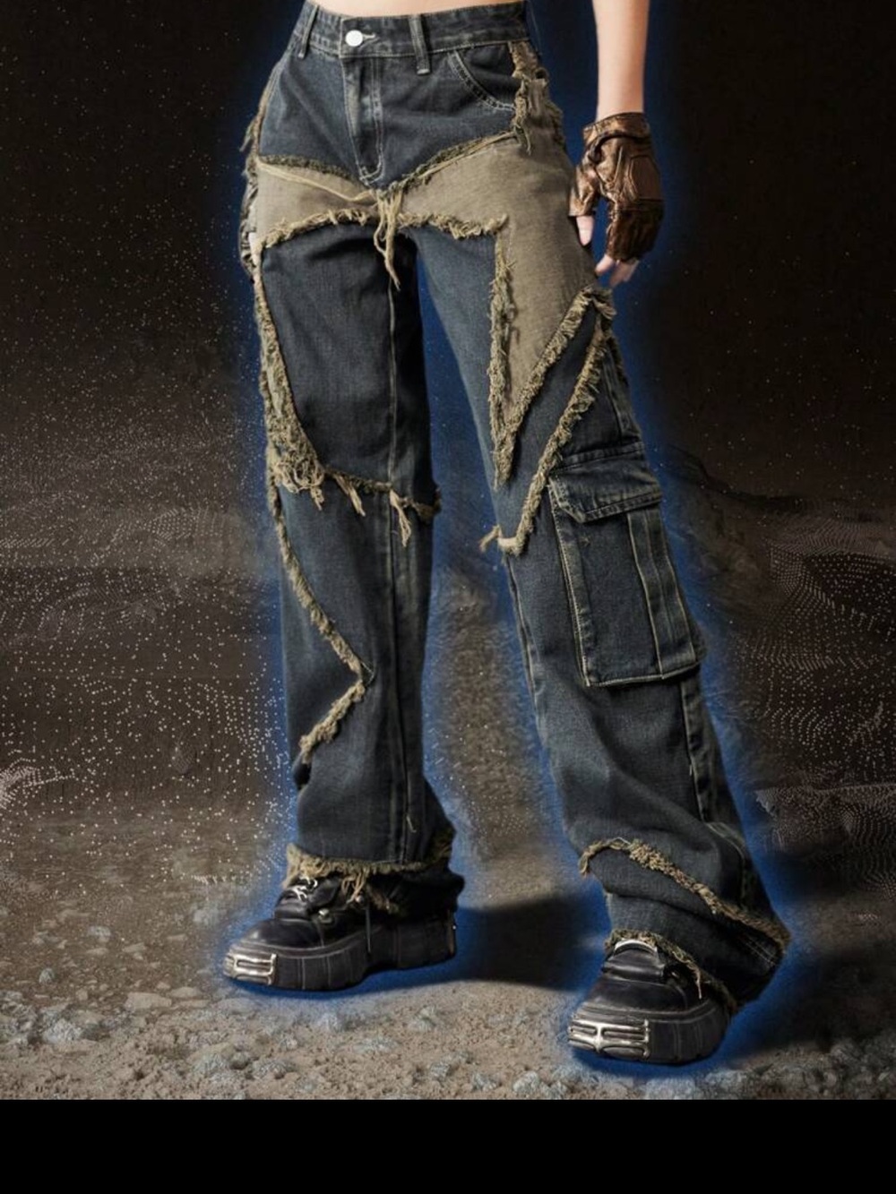 SHEIN Two-Tone Black & Olive Distressed Cargo Jeans for Men